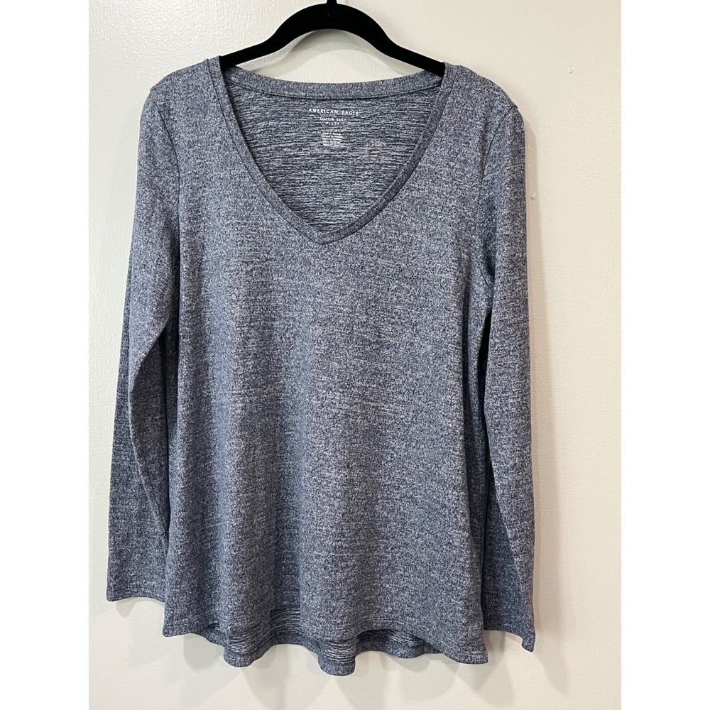 American Eagle Women's Long-Sleeve Shirt Size Large Heather Blue V-Neck
